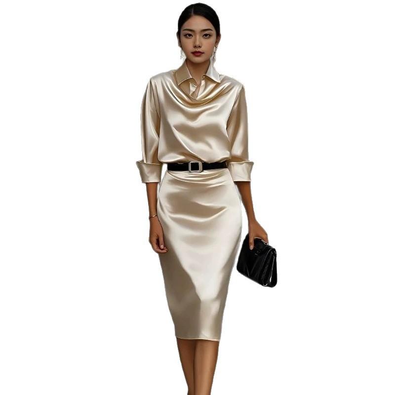 Women's Satin Cowl Neck Long Sleeve Top and Midi Skirt Set Solid Color Elegant Outfit