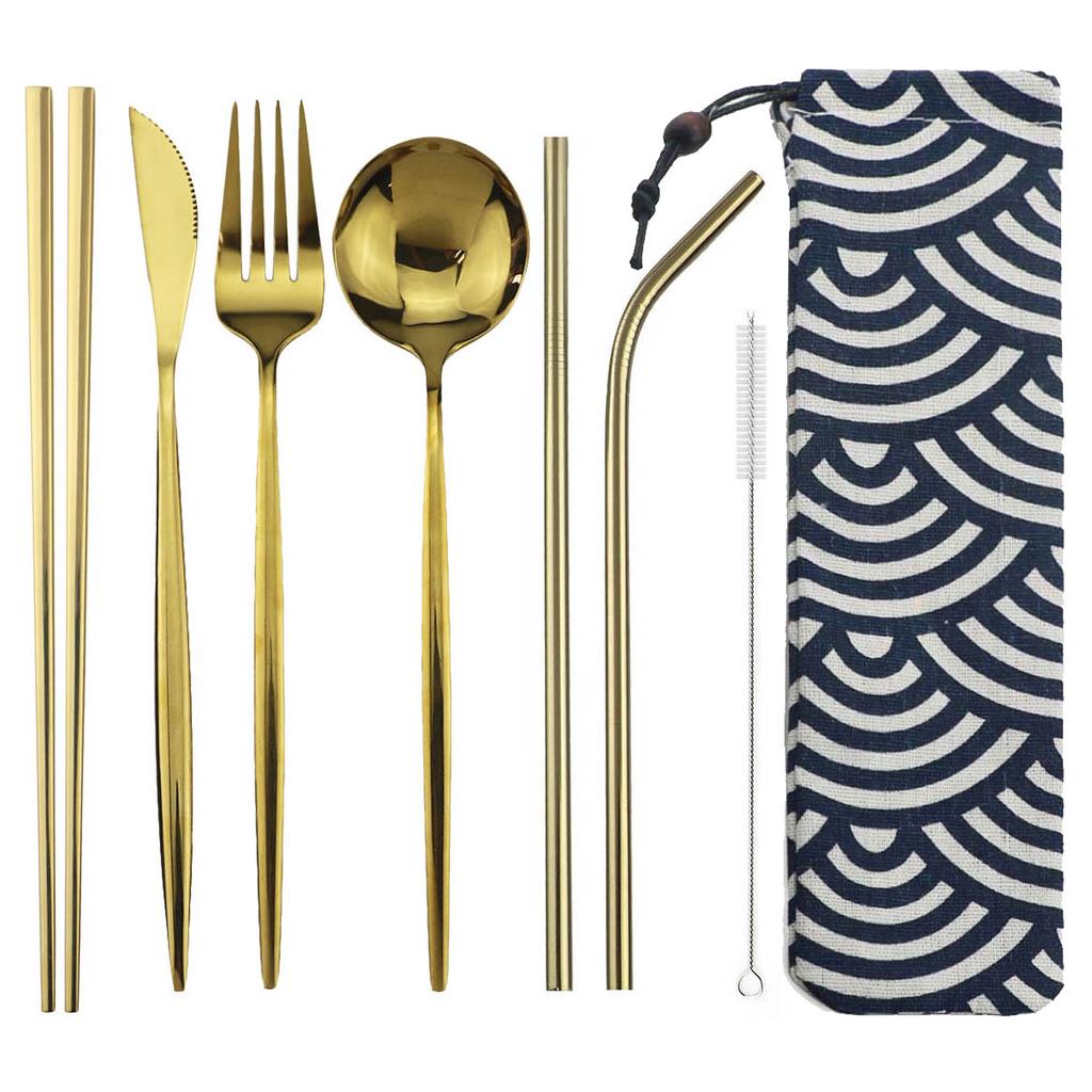 8pcs Portable Travel Knife Fork Spoon Chopsticks Straw Dinneware Set Blue Cutlery Set 304 Stainless Steel Silverware with Pouch