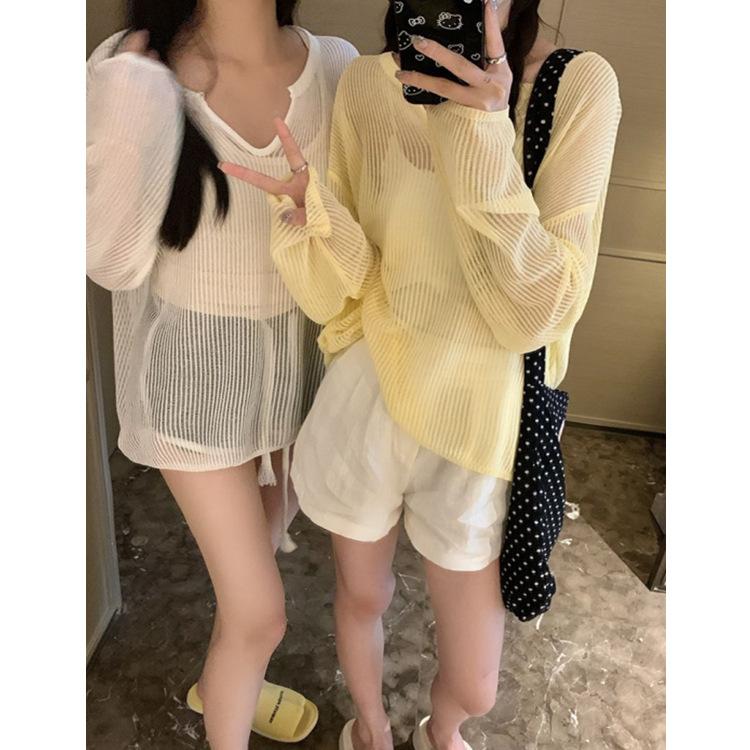 WTEMPO Summer Casual Long Sleeved Top Slimming Loose Hollow Sun Protection T-shirt for Women