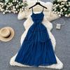 French coffee break retro suspender dress women's vacation style waist thin pleated design drape big pendulum long skirt