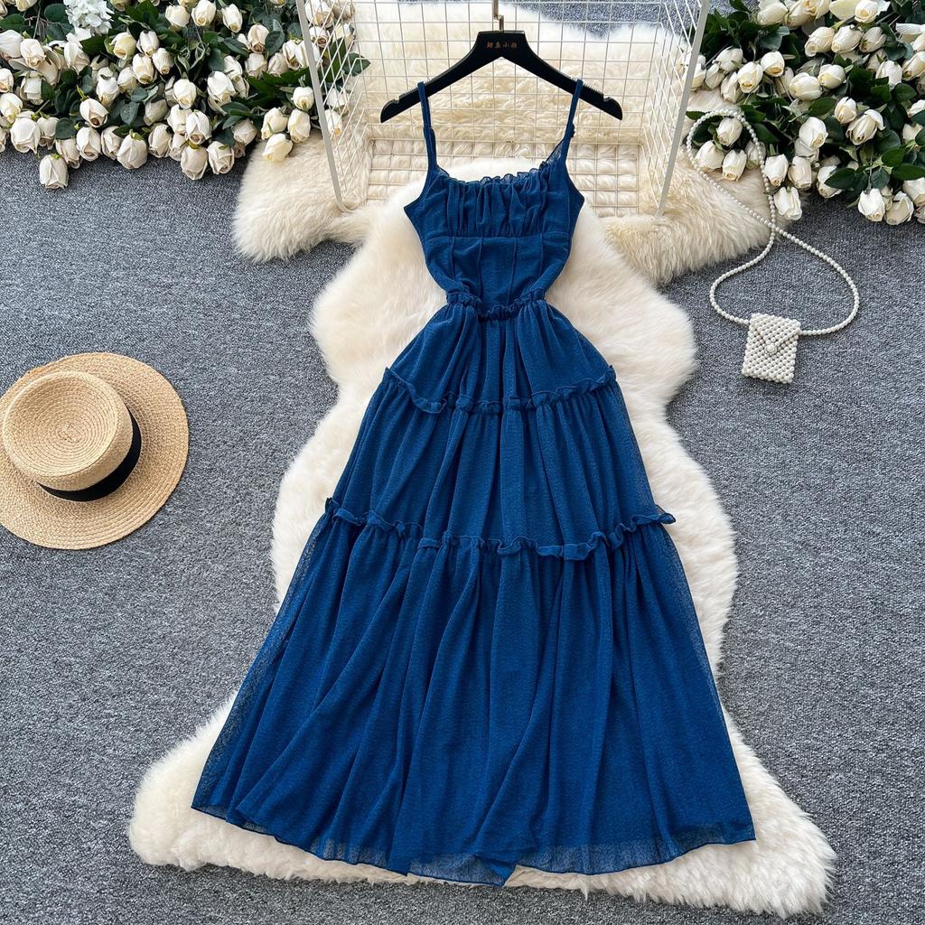 French coffee break retro suspender dress women's vacation style waist thin pleated design drape big pendulum long skirt