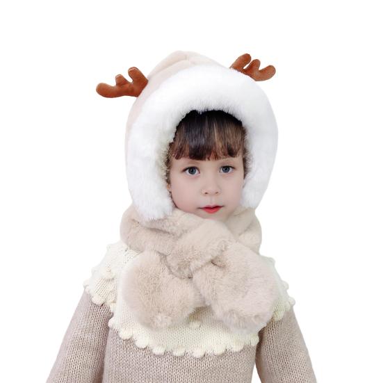 Children Hat With Scarf Design Antler Decoration Thickened Warm Plush Winter Hat