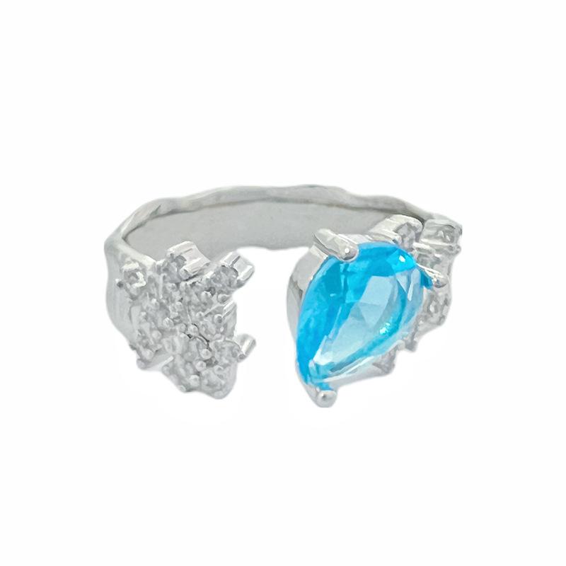 Fairy Wind Aquamarine Niche Design Sense Open Ring Light Luxury Premium Water Drop Full Diamond Index Finger Ring Stacked Wear Ring