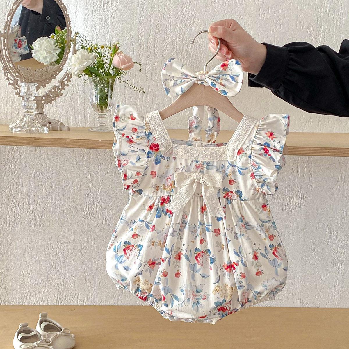 Summer Newborn Baby Girl Floral Flutter Sleeve Romper Thin Triangle Bodysuit Outdoor Onesie 66