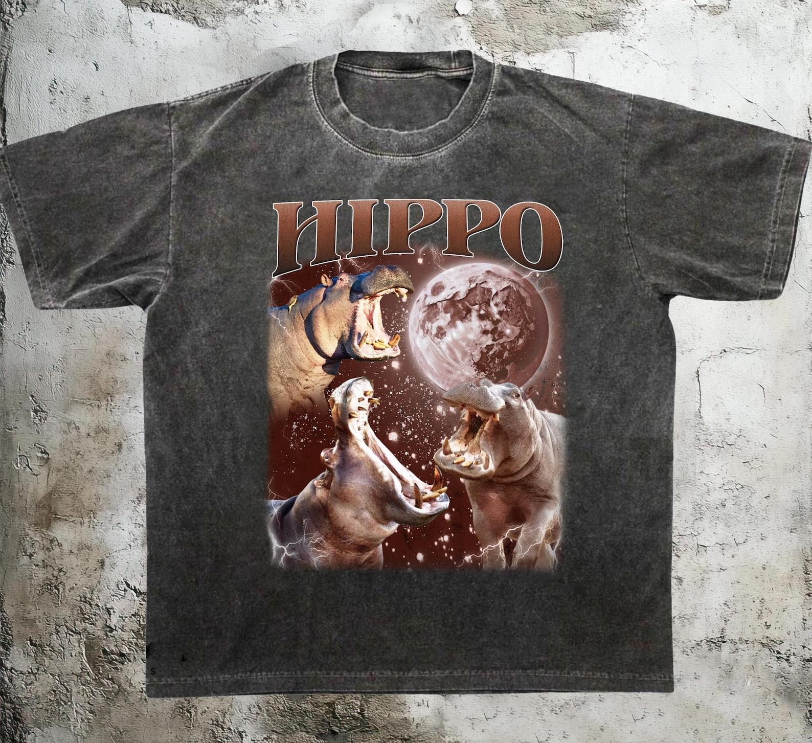 Three Hippo Funny Vintage Graphic T-Shirts, Retro Silly Hippo Moon T-Shirt, Fun Nature Shirt S