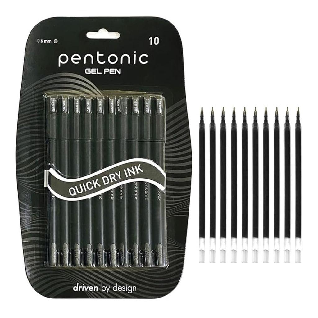 Pentonic 0.7mm Gel Pen & Refill Combo Pack | Black Ink | 10 Pens + 10 Refills for Office, Home & School