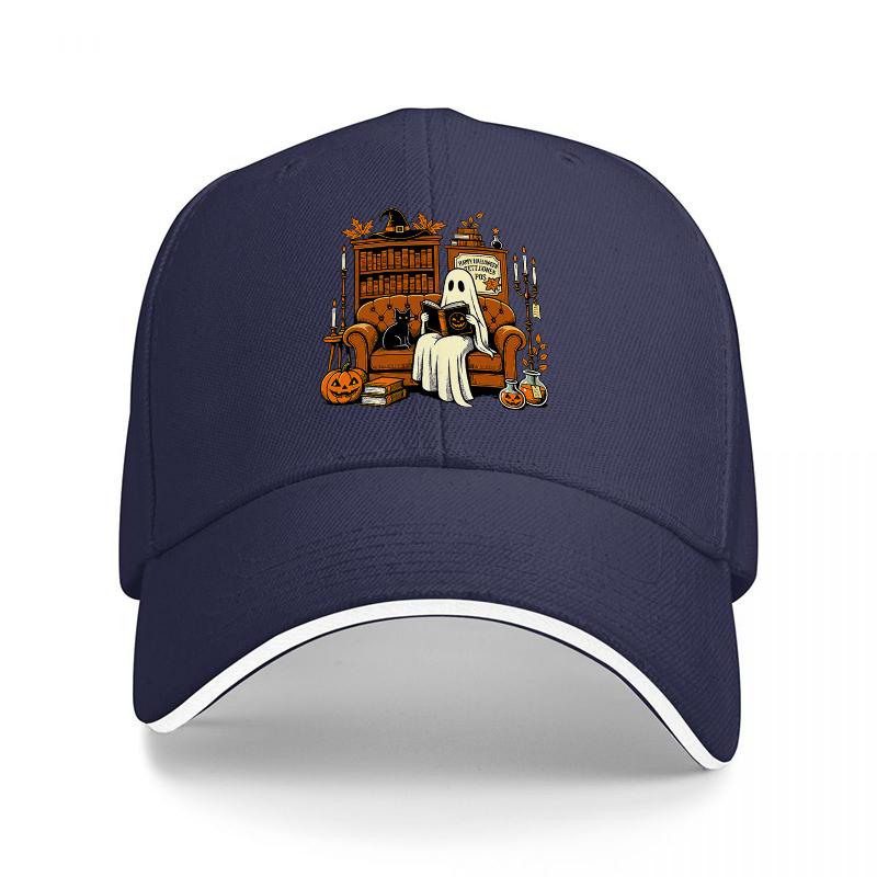 Halloween Ghost Reading Bookshelf Scene Baseball Cap Spooky Library Design Black Adjustable Hat for Adults