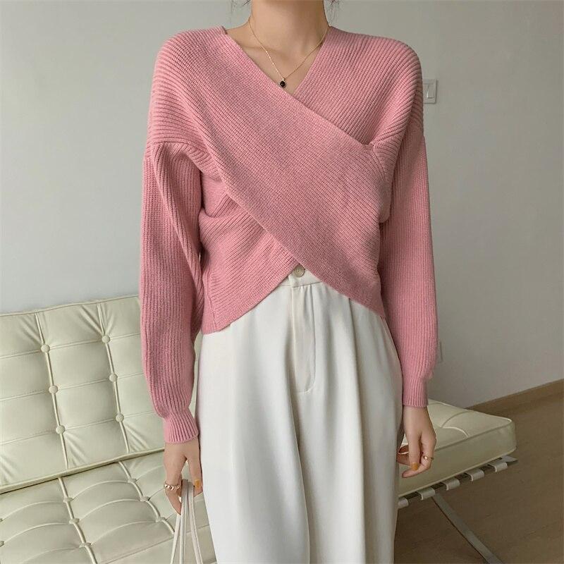 Autumn Loose V-Neck Women Knitted Sweater Vintage Office Lady Pullovers Sweaters Ladies Winter Korean Irregular Knitwears 28576