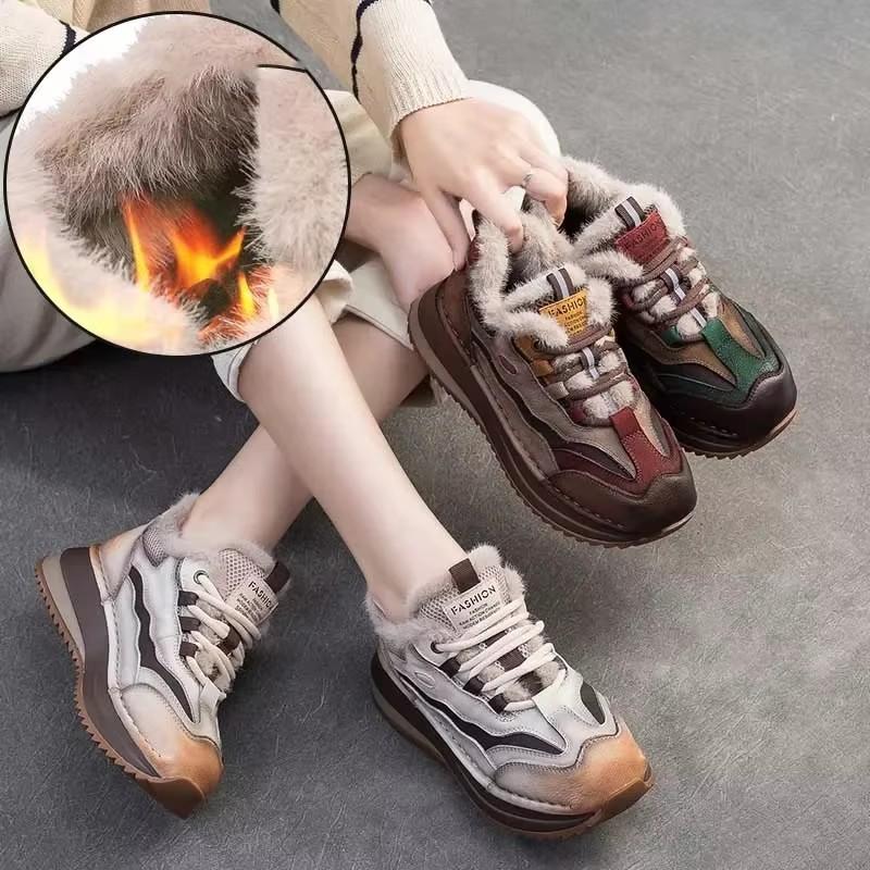 Fashion GKTINOO Genuine Leather Women Boots Lady Platform Flats Plush Warm Causal Autumn Winter Fashion Thick Bottom Sneakers Shoes