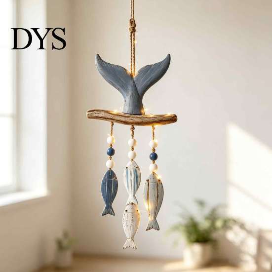 Jute Rope Wall Hanging Lighted Coastal Wooden Ornament, Nautical Fish Shell Starfish Sign with Handmade Beach Vibe Art Warm LED Lights, House