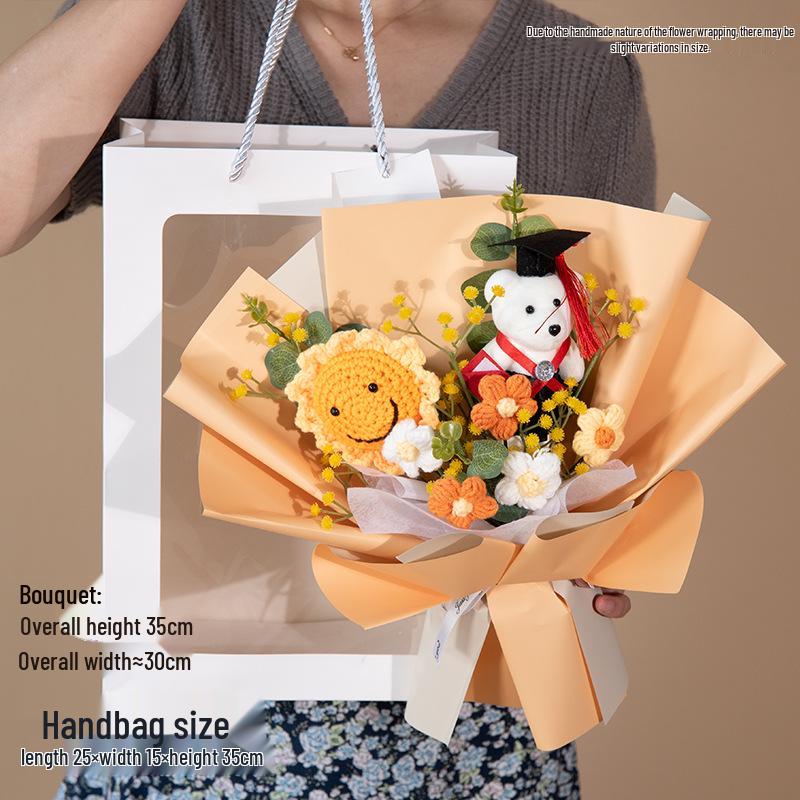 

Букет из вязаной шерсти «Подсолнух» - Подарок на День учителя и выпускной для студентов и взрослых Orange with Gift Bag