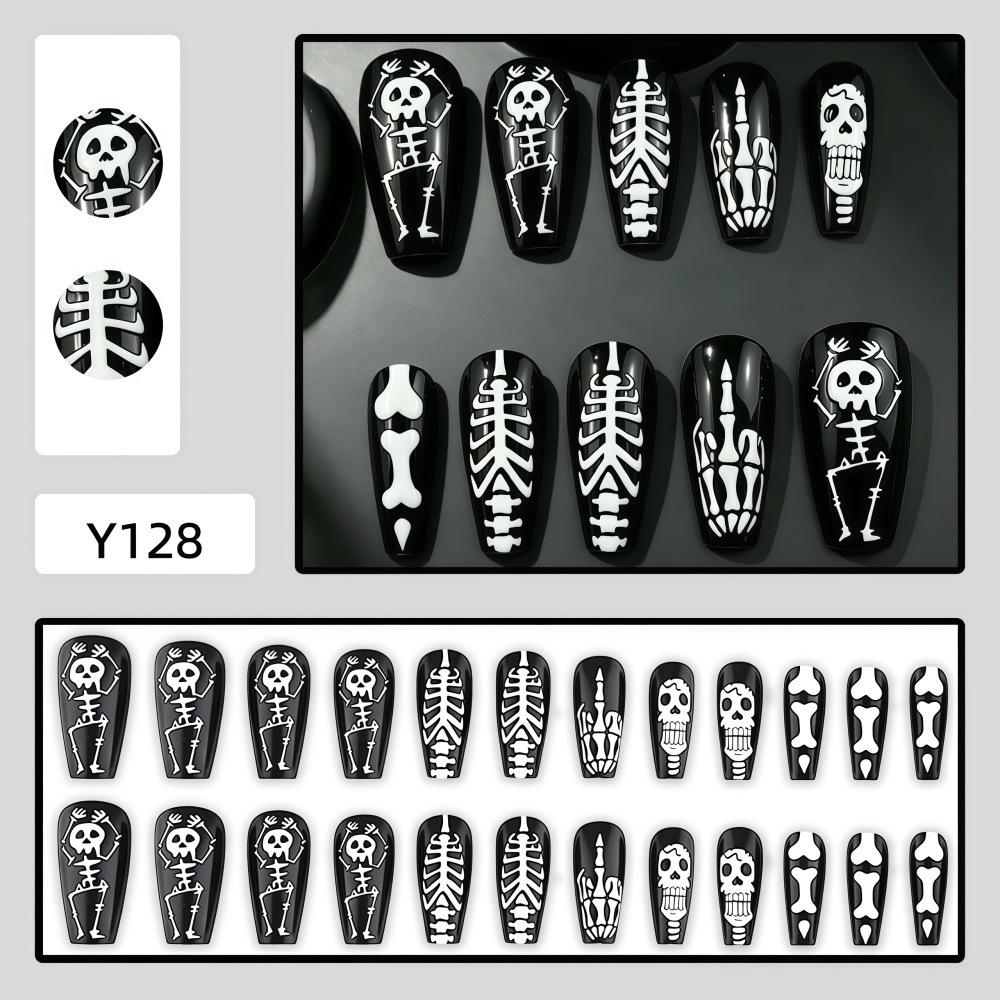 Black & White Hand-Painted Skull Bones Wearable Armor Long Ballet False Nails