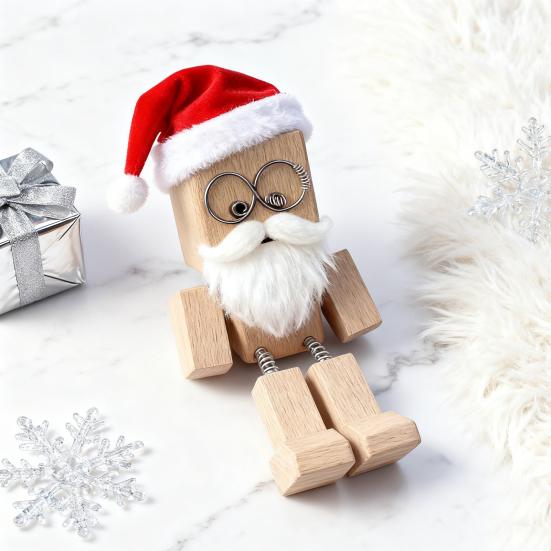 Christmas Shaking Wooden Man Figurine with Santa Hat And Beard Handmade Shaking Feet Wooden Doll with Magnetic Expressions for Car
