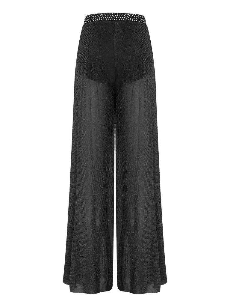 S-XXL Women Lyrical Dance Crop Top V Neck Sleeveless Back Crossing Fringe with Mesh Wide Leg Pants Built-in Briefs for Modern Dance Performance