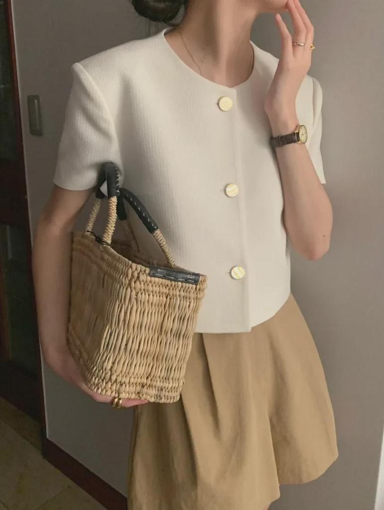 Korean Summer Round Neck Bubble Sleeve Short Jacket for Women
