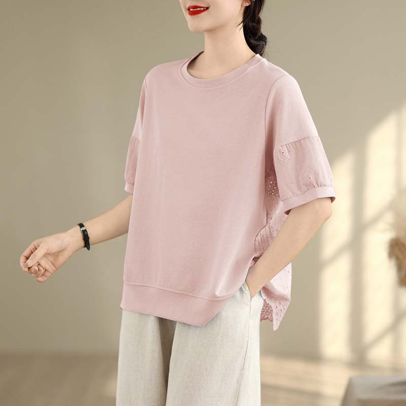 Dimanaf 2025 New Summer Women Plus Size T-Shirt Short Sleeve Loose Basic Casual Tops Solid Hollow T-Shirt O-Neck