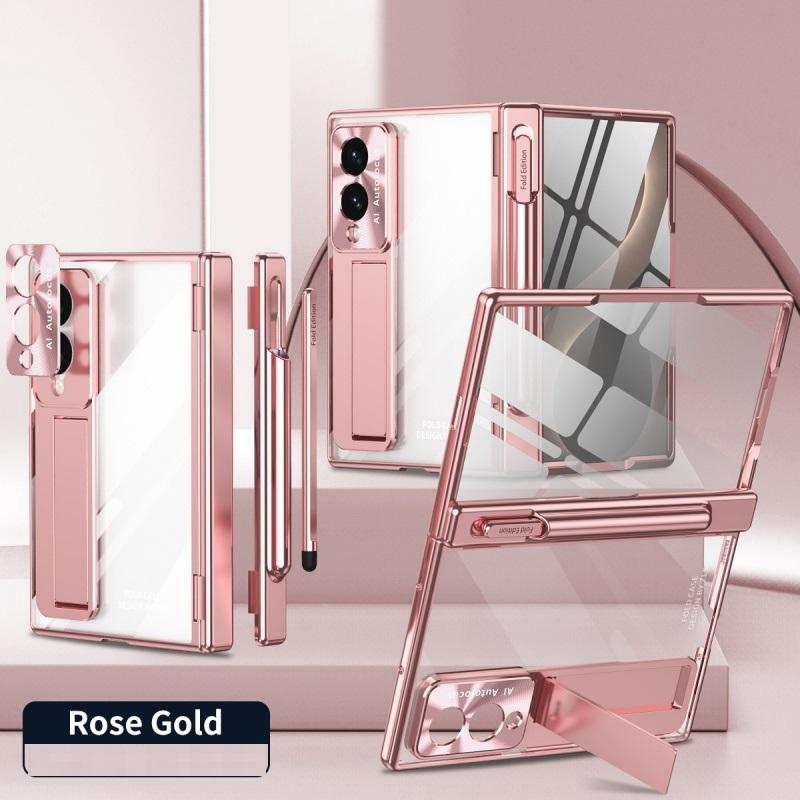 For Samsung Z Fold 8 Ultra / 7 6 5 4 3 Transparent Plating PC Hinge Protection Full Body Stand Pen Slot Case with Tempered Glass
