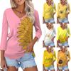 Women's Fashion Casual V Neck 3/4 Sleeve Loose Printed T-Shirt Ladies Top