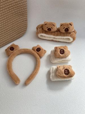 2-4pcs New Cartoon Capybara Hair Accessories Hair Bands Women Plush Animal Headband Face Wash Wristband Set Halloween