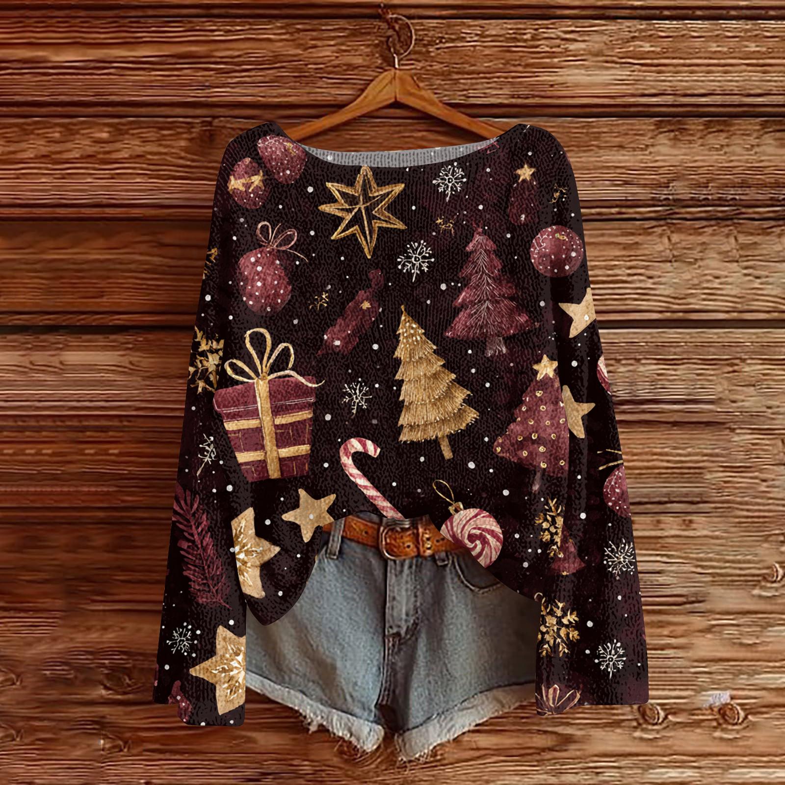 

Женский легкий свитер с круглым вырезом, повседневный вязаный пуловер с длинным рукавом и рождественским принтом L