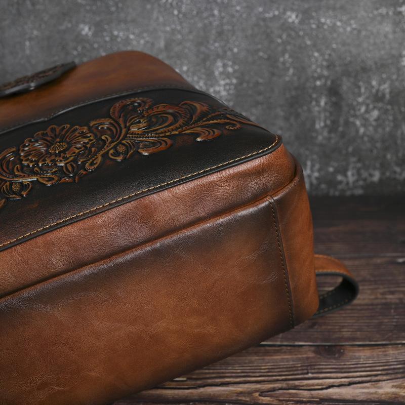 Johnature Embossed Vintage Backpack Versatile Women's Leather Bag Large Capacity Travel Backpacks