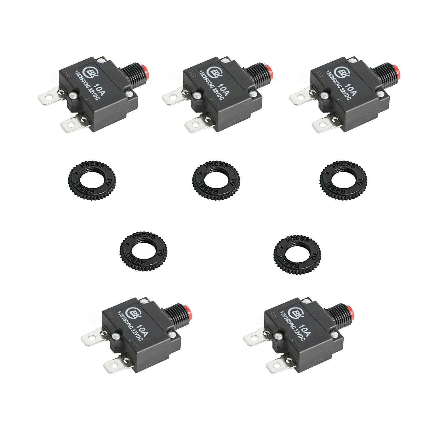 

10 Amp Thermal Circuit Breaker Push Button Manual Reset Overload Protection Switch 10A 125/250V AC 32V DC 2Pin 5pcs 10A червоний