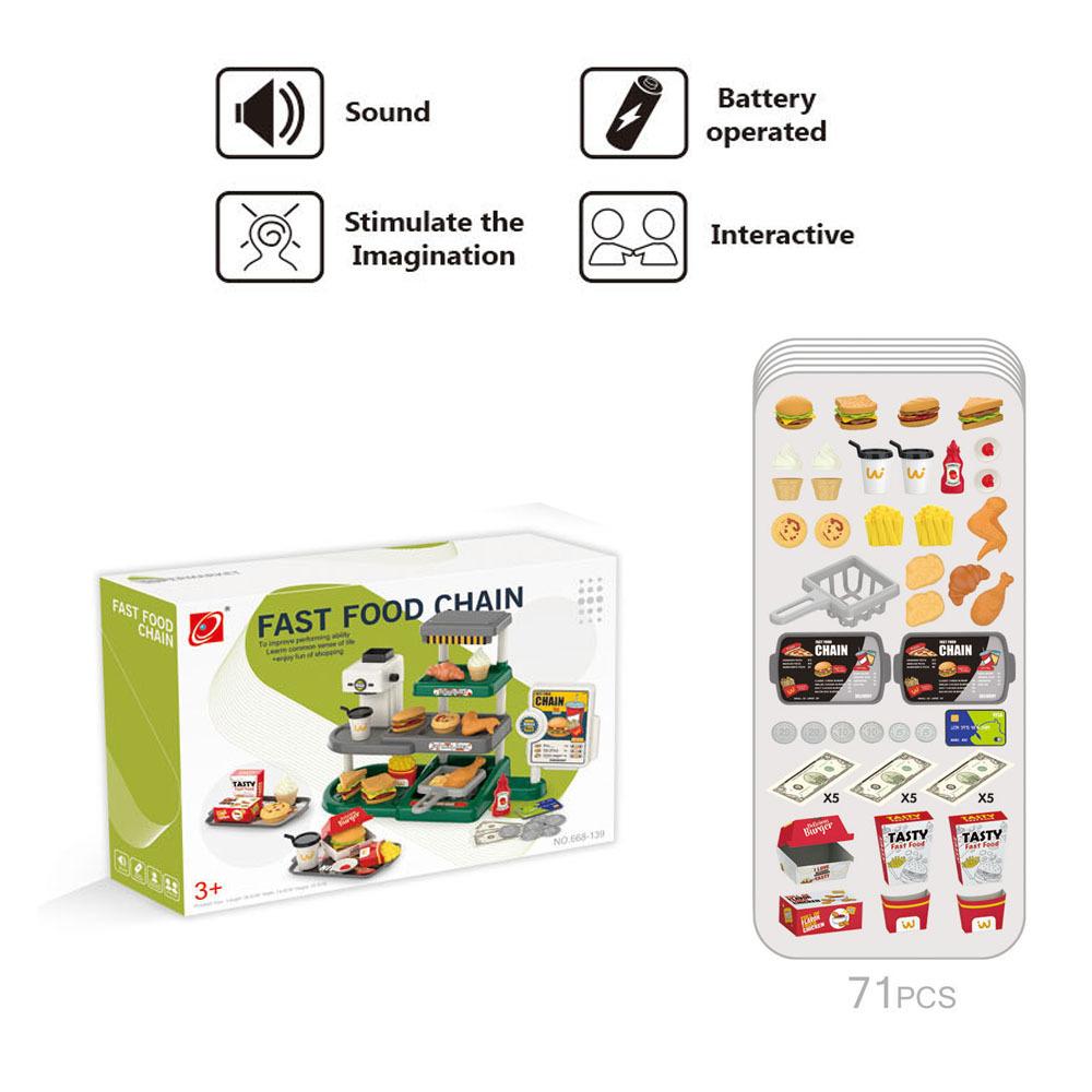 Kindersimulationsspielhaus Mini-Simulation Fast Food Burger Kaffeemaschine Kuchen Beleuchtung Spielzeug Kombinationsset