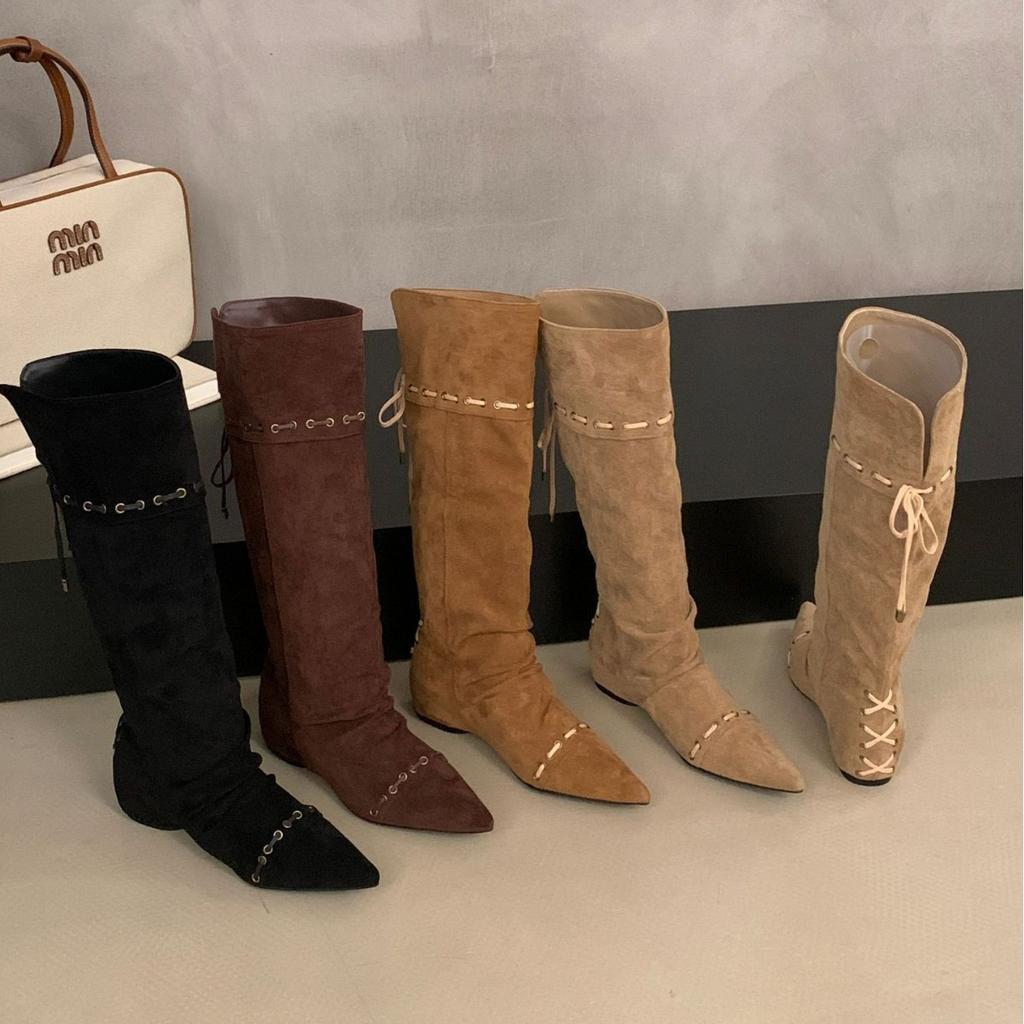 2025 new Korean version pointed head lace-up thick bottom inner slope heel tall tube thin Martin Knight western women's short boots