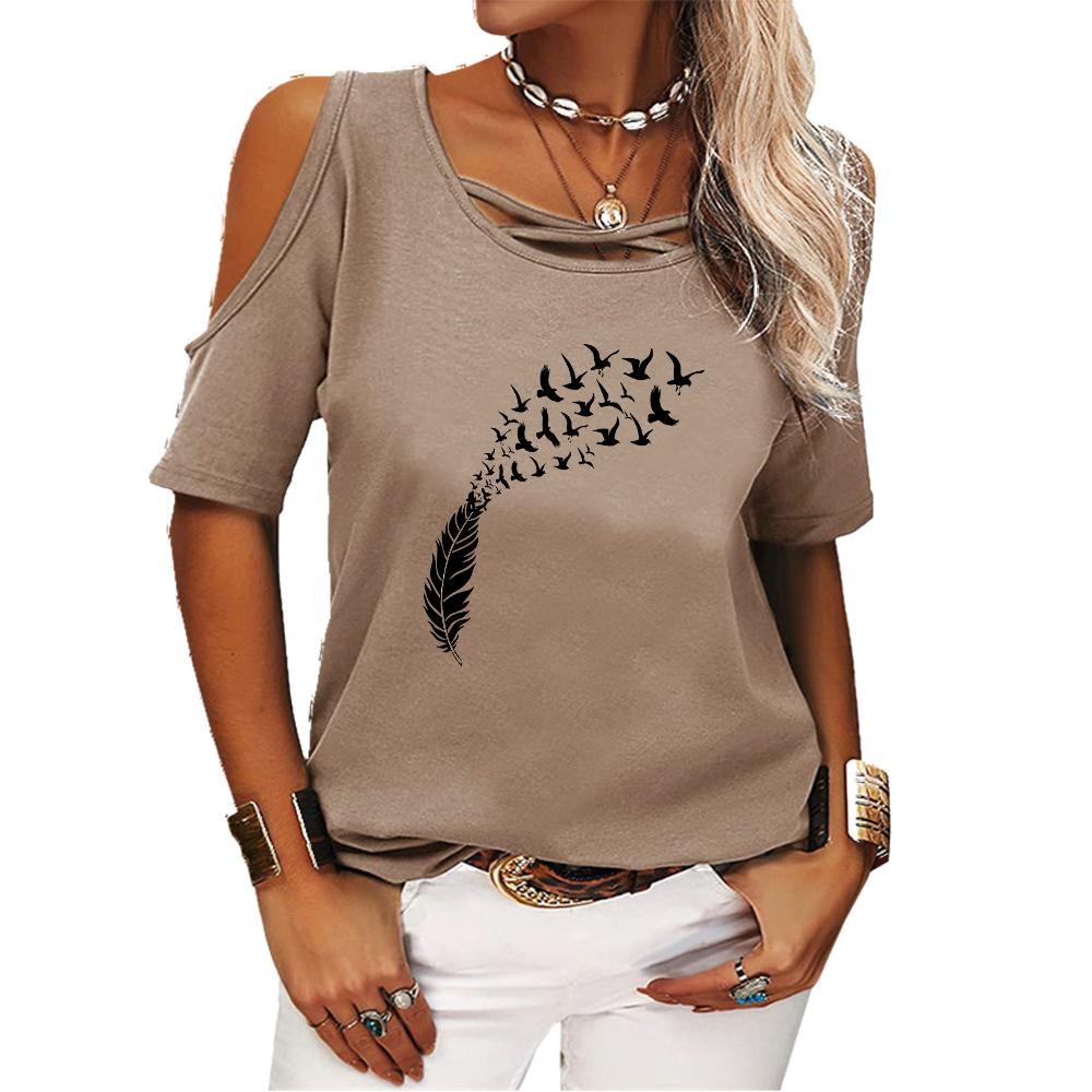 Women Fashion Round Neck Tee Shirt Summer Off Shoulder Top Casual Print Short Sleeve T-shirt