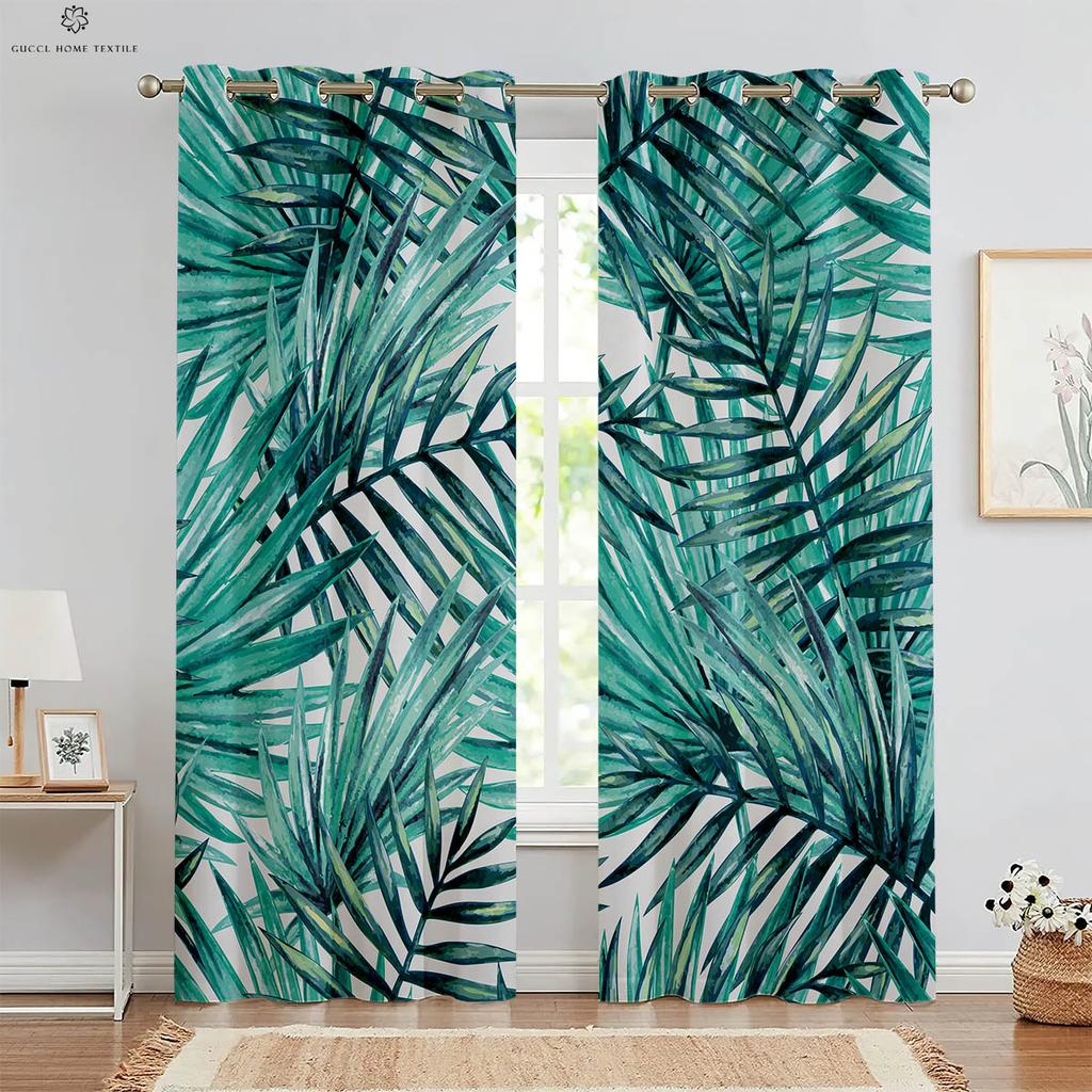 Geometric Green Leaves Tropical Vegetation 3D Printing Curtains, Black and White, Bedroom, Living Room, Window Decoration