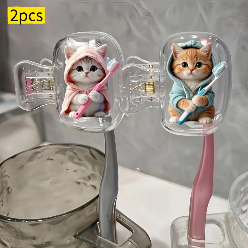 2Pcs Dust-Proof Waterproof Cat Toothbrush Cover Kitten Dog Printed Transparent Toothbrush Holder Portable Toothbrush Head Cover