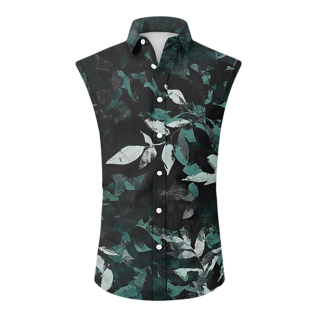 Men's Fashion Printed Sleeveless Lapel Button-Down Shirt Vest Top