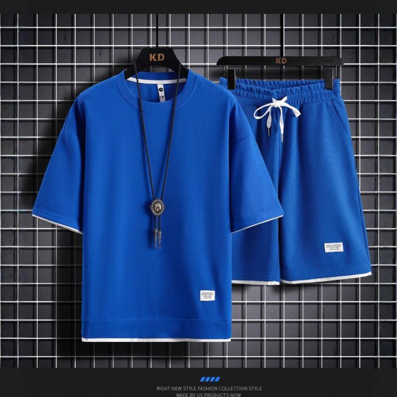 Mens Waffle Knit Casual Sportswear Set Short Sleeve T-Shirt Loose Shorts Athletic Outfit
