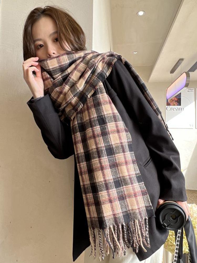 New 2025 Imitation Cashmere Women Scarf Winter Preppy Style Vintage Plaid Scarve Pashmina Mujer Foulard Blanket Wrap Shawl Pareo