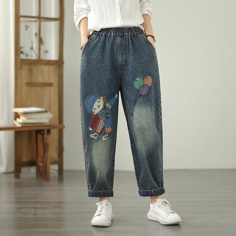 Plus Size Vintage Embroidery High Waist Casual Loose Women Spring Summer Autumn Jeans Denim Harem Pants