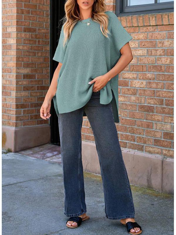 2024 Women's Summer Solid Color Knit Crew Neck Pullover T-Shirt - European & American Casual Loose Fit, Drop Shoulder, Short Sleeve Top