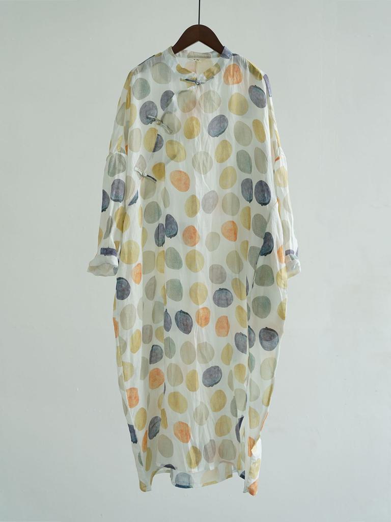 Johnature Women Vintage Polka Dot Dresses Stand Long Sleeve Summer Loose High Quality A-Line Dresses