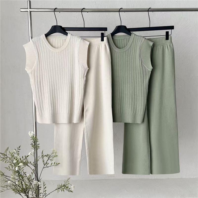 

Women s Summer Casual Sleeveless Knitwear Set: Loose Round Neck Top & Wide Leg Pants One Size абрикосовый