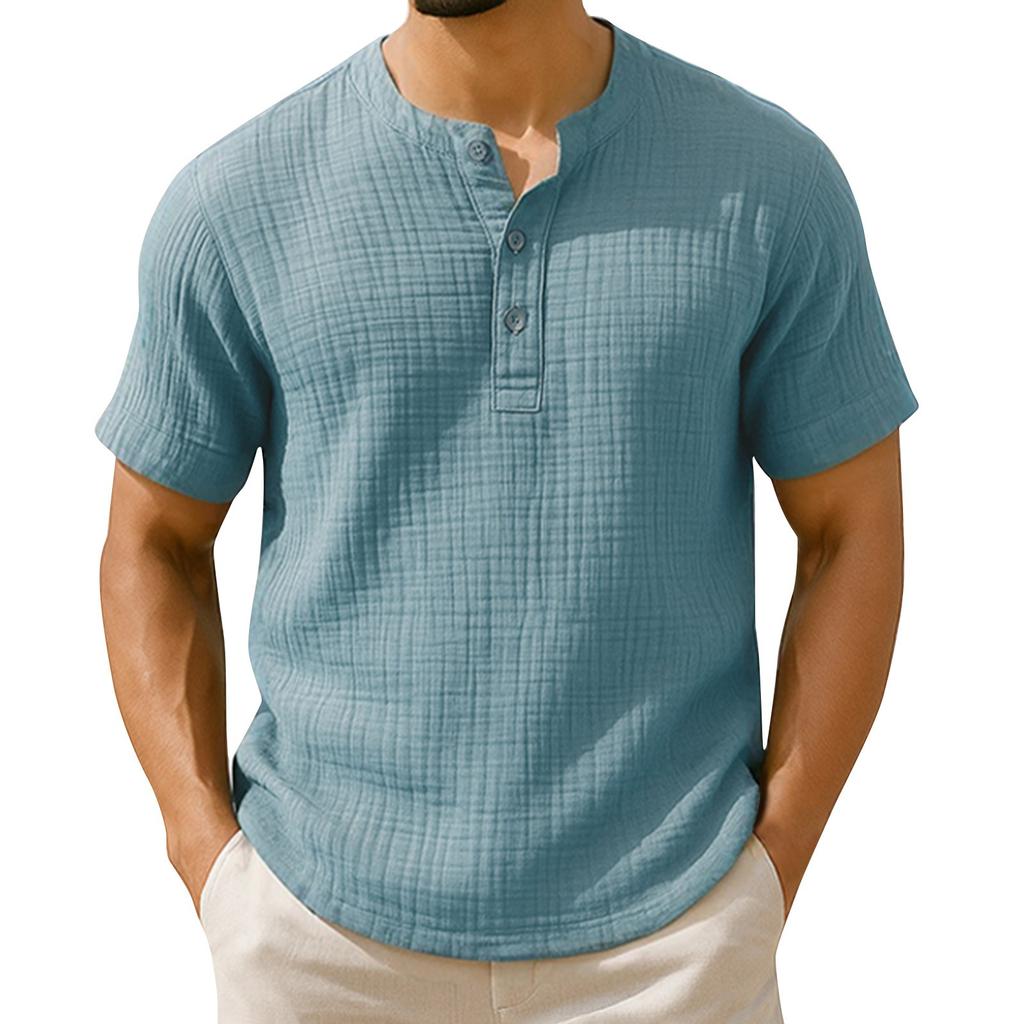 Top de vară pentru bărbați cu dungi, culoare uni, textură plisată, guler cu nasturi, mâneci scurte largi