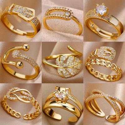 Bagues en Acier Inoxydable Plaqué Or avec Cristaux pour Femmes Chaîne Géométrie Zircon Bague de Doigt Zircon Cadeau anillos mujer 2025 Nouvelle Tendance