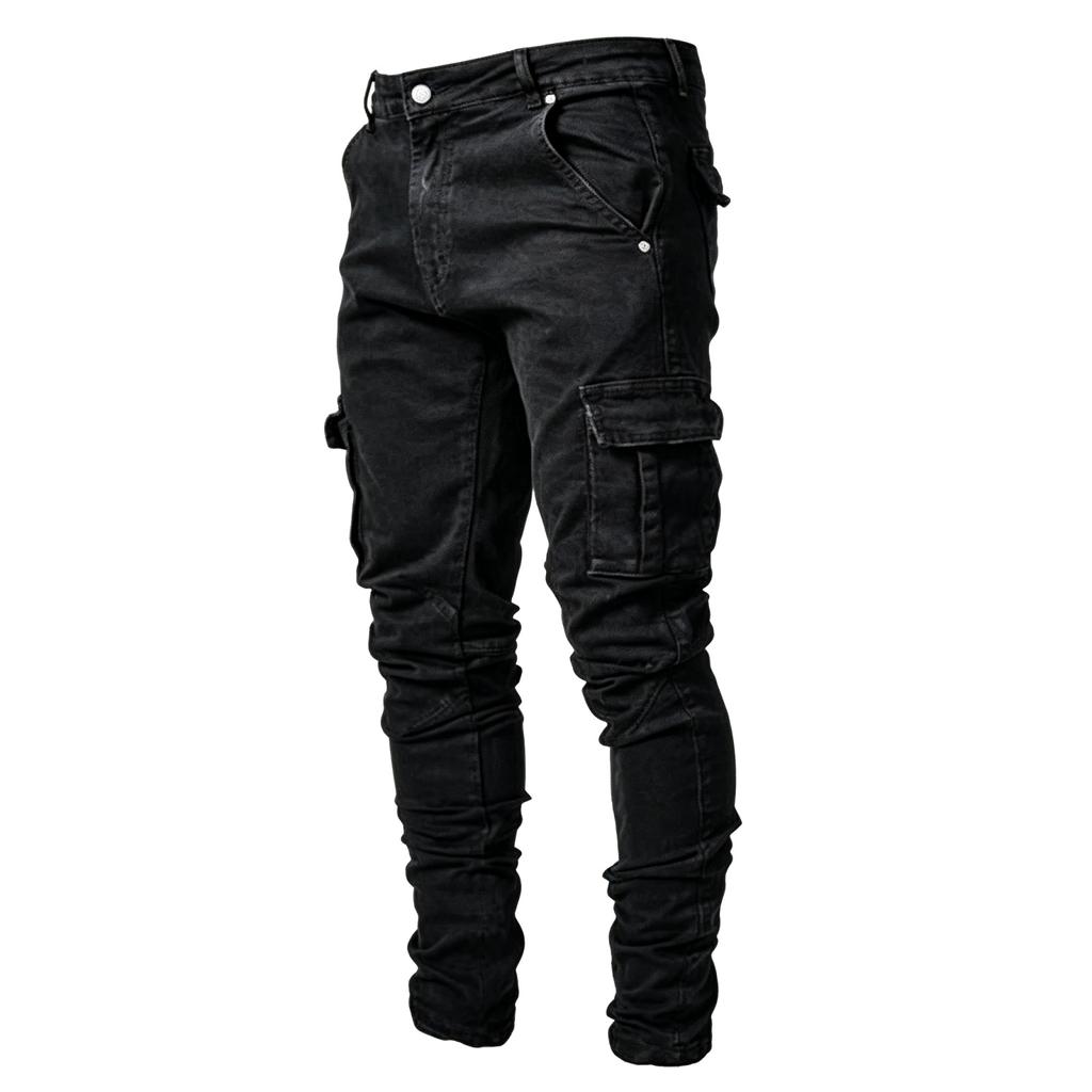 Męskie Jeansy Cargo Slim Fit z Wieloma Kieszeniami Elastyczne Spodnie Jeansowe Codzienny Design Utility Zwężana Nogawka