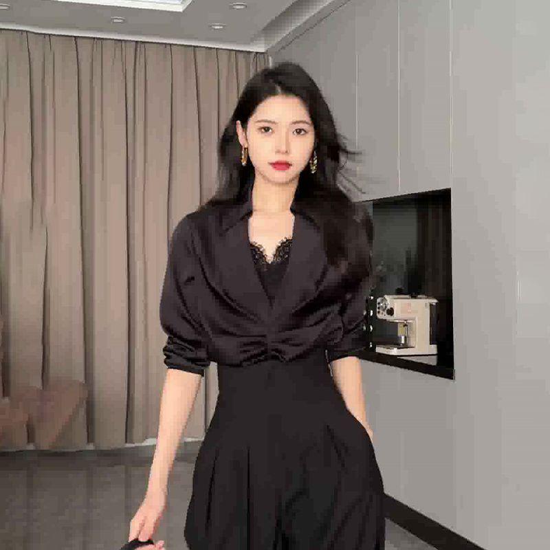 

Luxury Satin Lace Patchwork V-Neck Shirt and High-Waisted Wide-Leg Slimming Trousers Set L