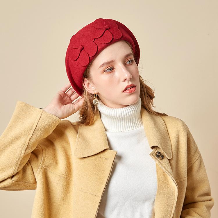 Autumn And Winter New British Woolen Felt Hat Dome Fashion Top Hat European And American Temperament Flower Stewardess Beret