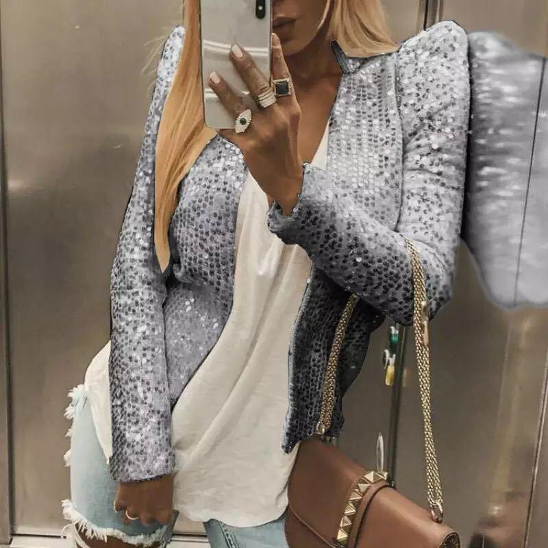 Chic Shiny Sequins Casual Jacket Women Fashion Sparkly Glitter Short Coats Slim Fit Long Sleeves Open Front Cardigan Outwear