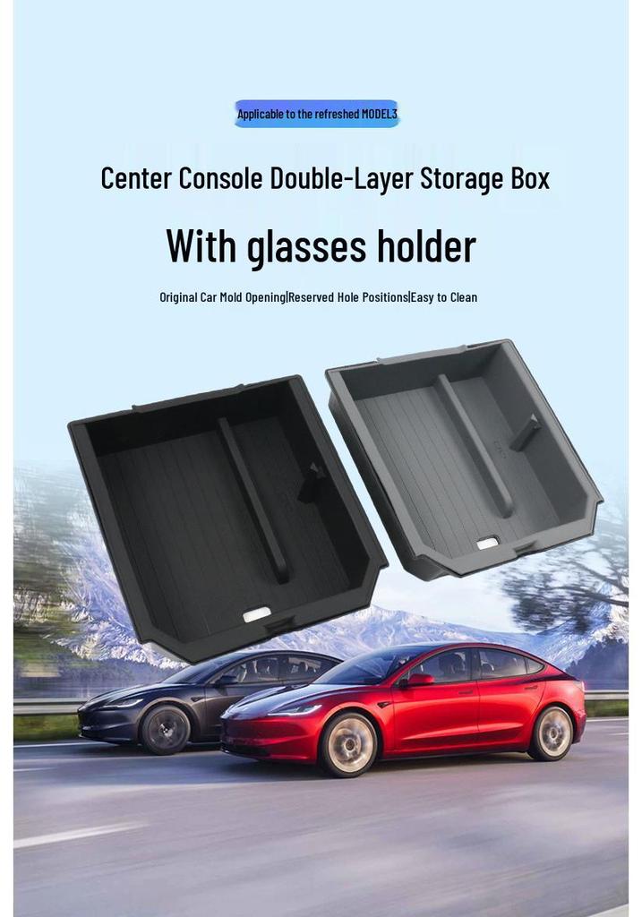 Double-Layer Storage Box & Glasses Holder for Tesla Refreshed Model Y/M3/YL Center Console
