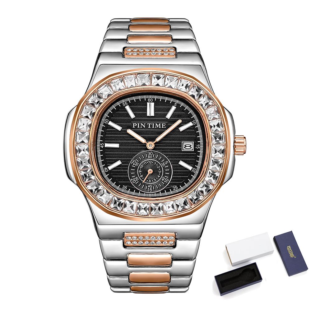Business Men's Watches Shiny Diamond Case Fashion Quartz Wristwatch Stainless Steel Strap Waterproof 30M Calendar Reloj Hombre