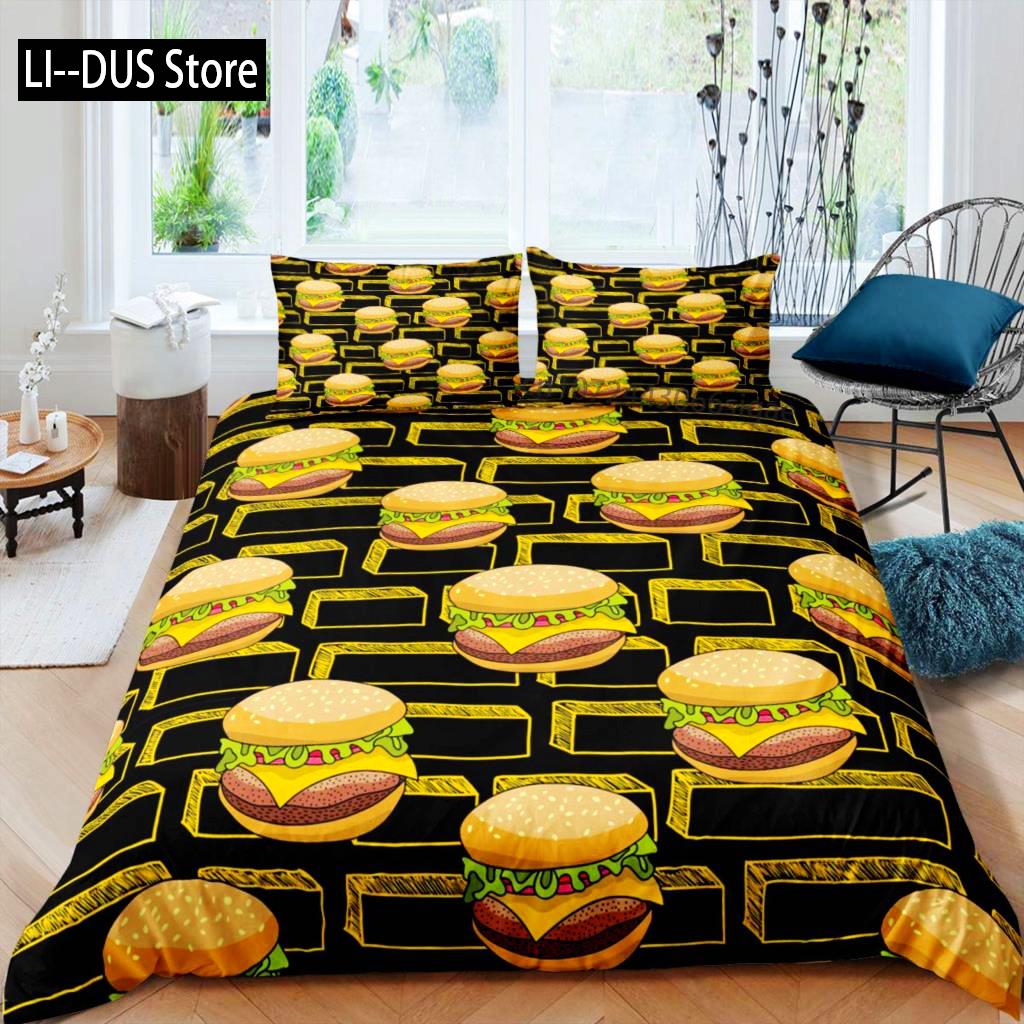 Hamburger Duvet Cover Set Meat Cheese Comforter Cover Fast Food Theme Bedding Set Cartoon Hamburg Pattern Quilt Cover For Kids