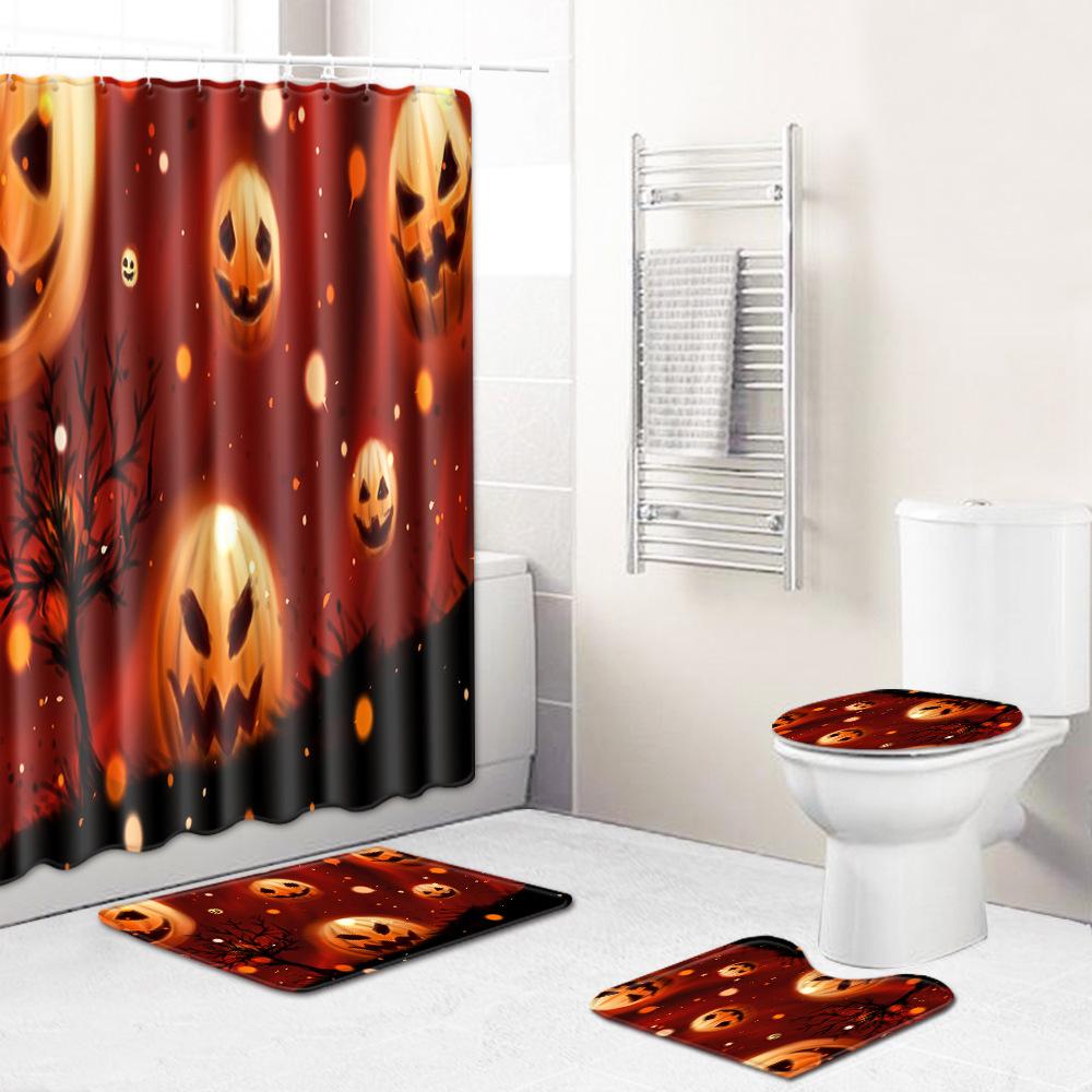 Halloween Shower Curtain Floor Mat Combination Four-Piece Set Bathroom Toilet Carpet Shower Room Mat Foot Mat