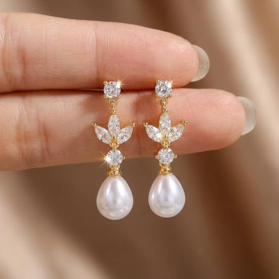 1 Paar Hängeohrringe Imitation Perle Zirkonia Kamelien-Design Anhängerohrringe Braut Hochzeitsohrringe Schmuck Geschenk