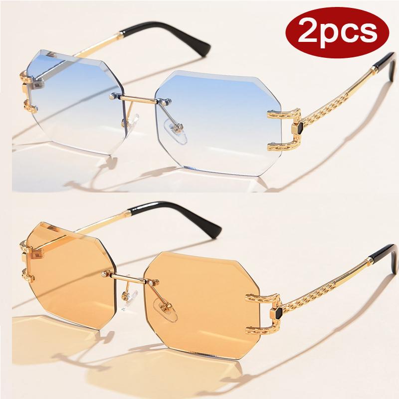 2pcs Fashion Women Rimless Polygon Sun Glasses Metal Frame Colorful  Cutting Lens Glasses Ladies Brand Designer Eyeglasses UV400